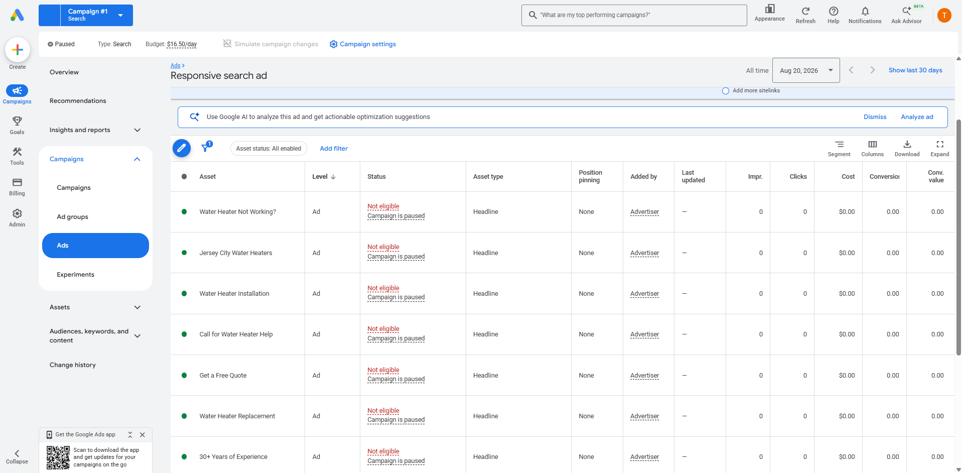 Google Ads Responsive Search Ad headline assets for water heater services